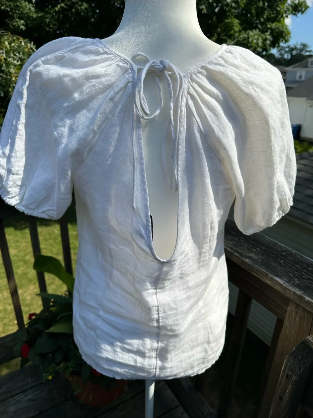 J.Crew White 100% Linen Puff Sleeve V-Back Tie Top Blouse Sz 4 Cottagecore